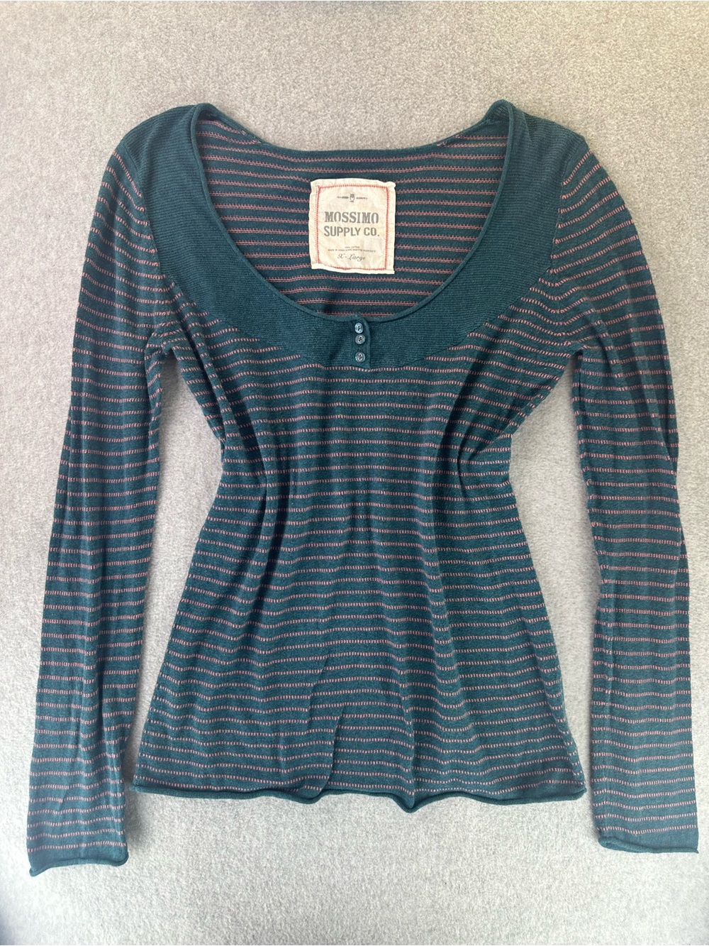 Y2K Mossimo Long Sleeve Scoop Neck Henley Top Teal Pink Stripes Vintage Size XL